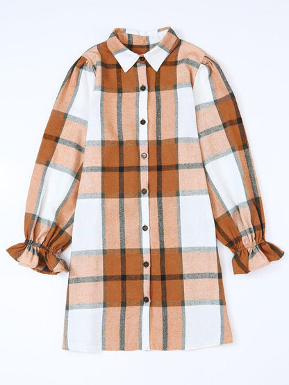 Khaki Plaid Ruffle Sleeve Shirt Dress with Collared Neck