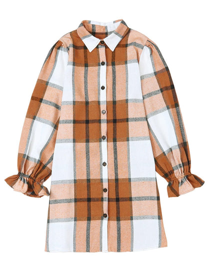 Khaki Plaid Ruffle Sleeve Shirt Dress with Collared Neck