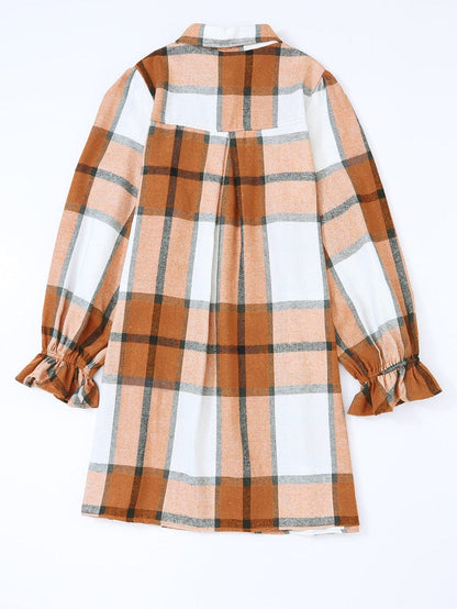 Khaki Plaid Ruffle Sleeve Shirt Dress with Collared Neck