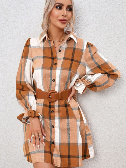 Khaki Plaid Ruffle Sleeve Shirt Dress with Collared Neck