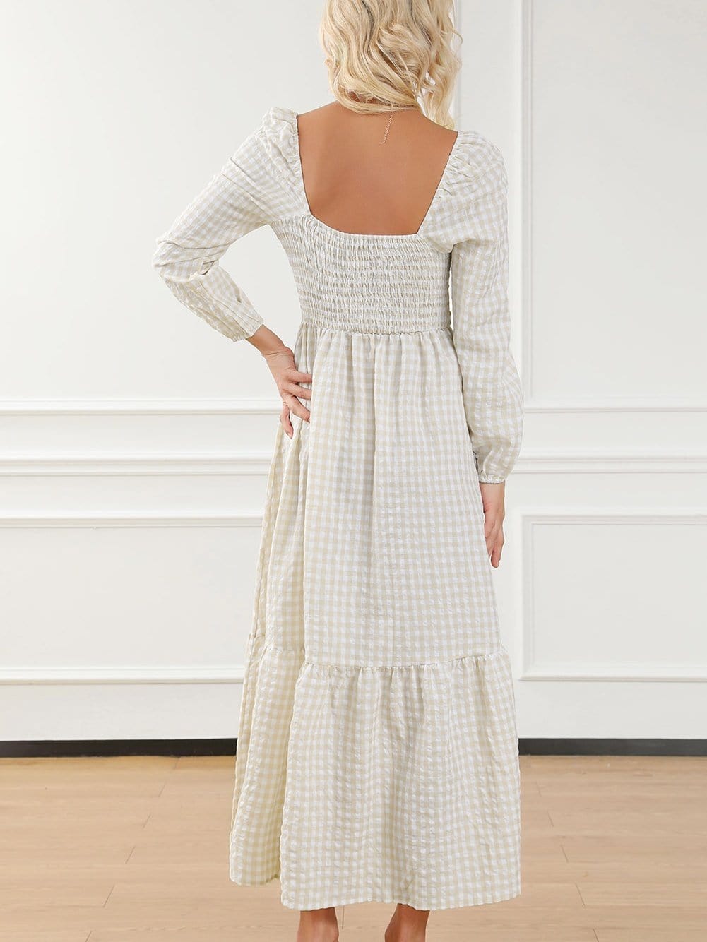 Khaki Plaid Tiered Maxi Dress with Ruffled Square Neck