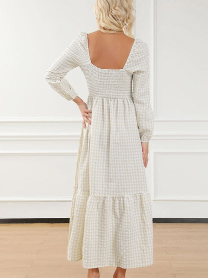 Khaki Plaid Tiered Maxi Dress with Ruffled Square Neck