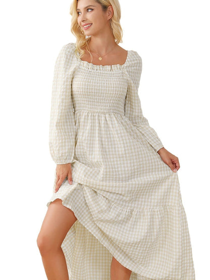 Khaki Plaid Tiered Maxi Dress with Ruffled Square Neck