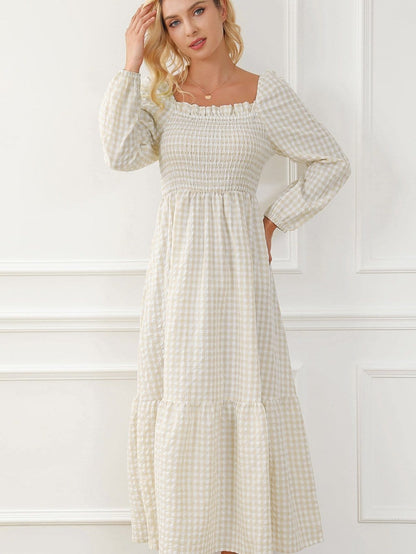 Khaki Plaid Tiered Maxi Dress with Ruffled Square Neck