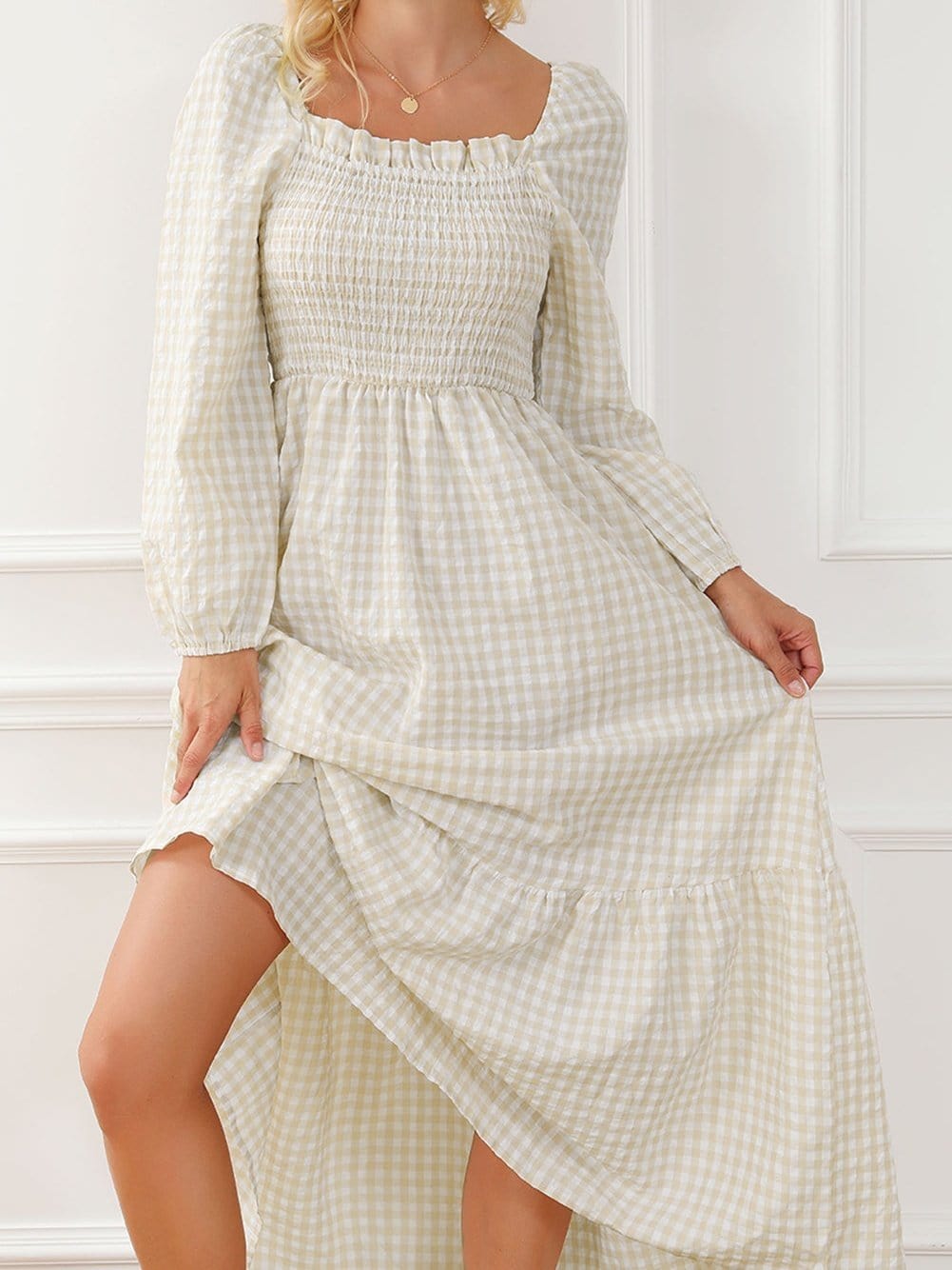 Khaki Plaid Tiered Maxi Dress with Ruffled Square Neck