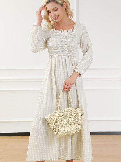 Khaki Plaid Tiered Maxi Dress with Ruffled Square Neck