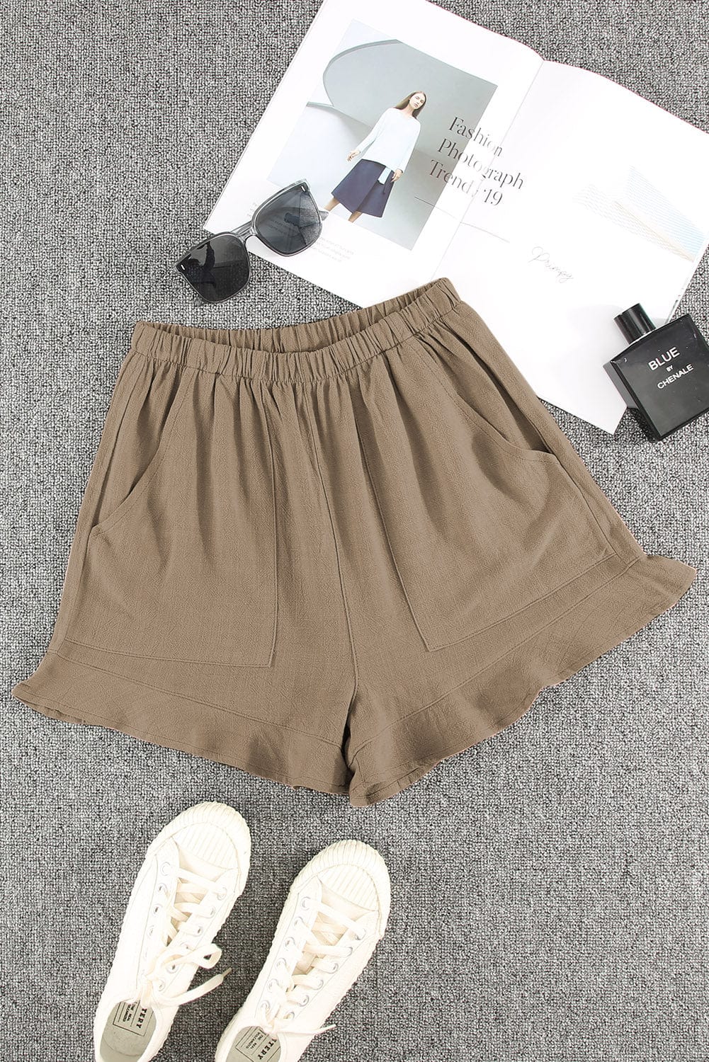 Khaki Pocketed Ruffle Shorts with High Waist