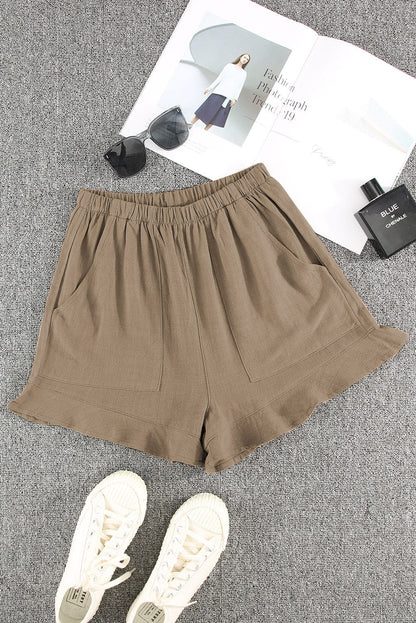 Khaki Pocketed Ruffle Shorts with High Waist