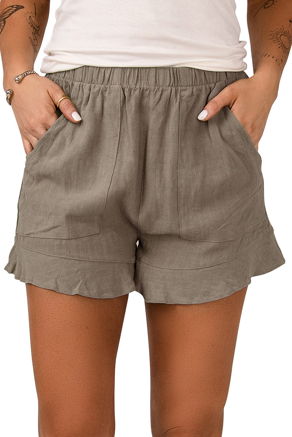 Khaki Pocketed Ruffle Shorts with High Waist