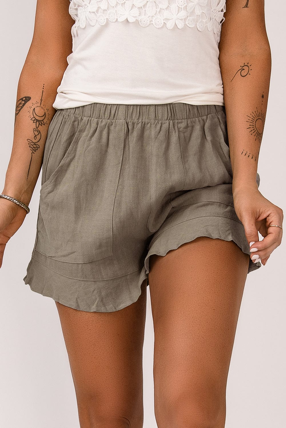 Khaki Pocketed Ruffle Shorts with High Waist