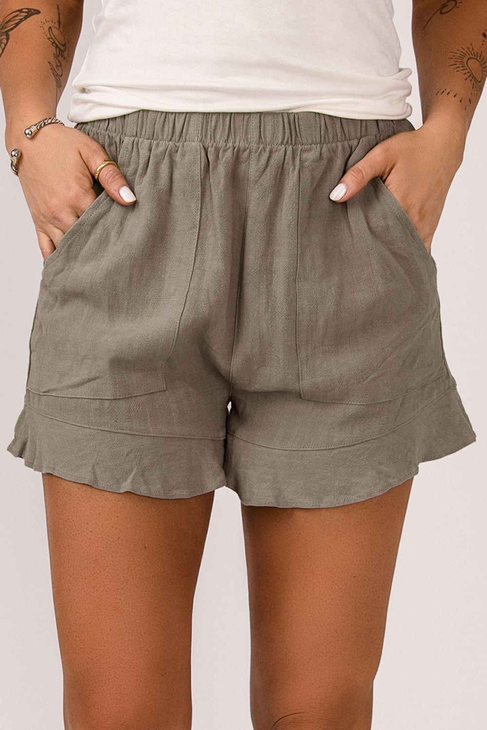 Khaki Pocketed Ruffle Shorts with High Waist