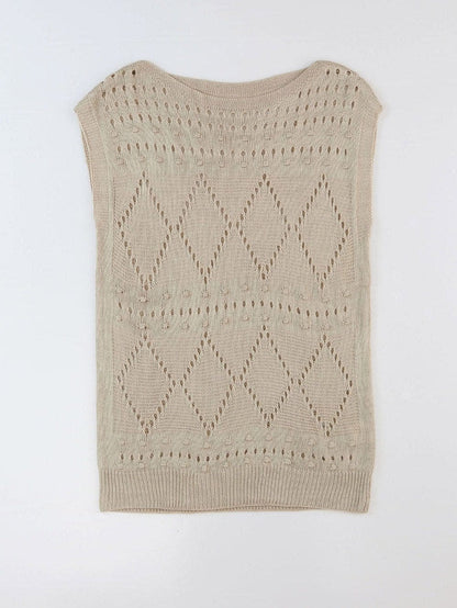 Khaki Pointelle Crochet Short Sleeve Knit Sweater Blouse