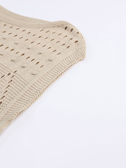 Khaki Pointelle Crochet Short Sleeve Knit Sweater Blouse