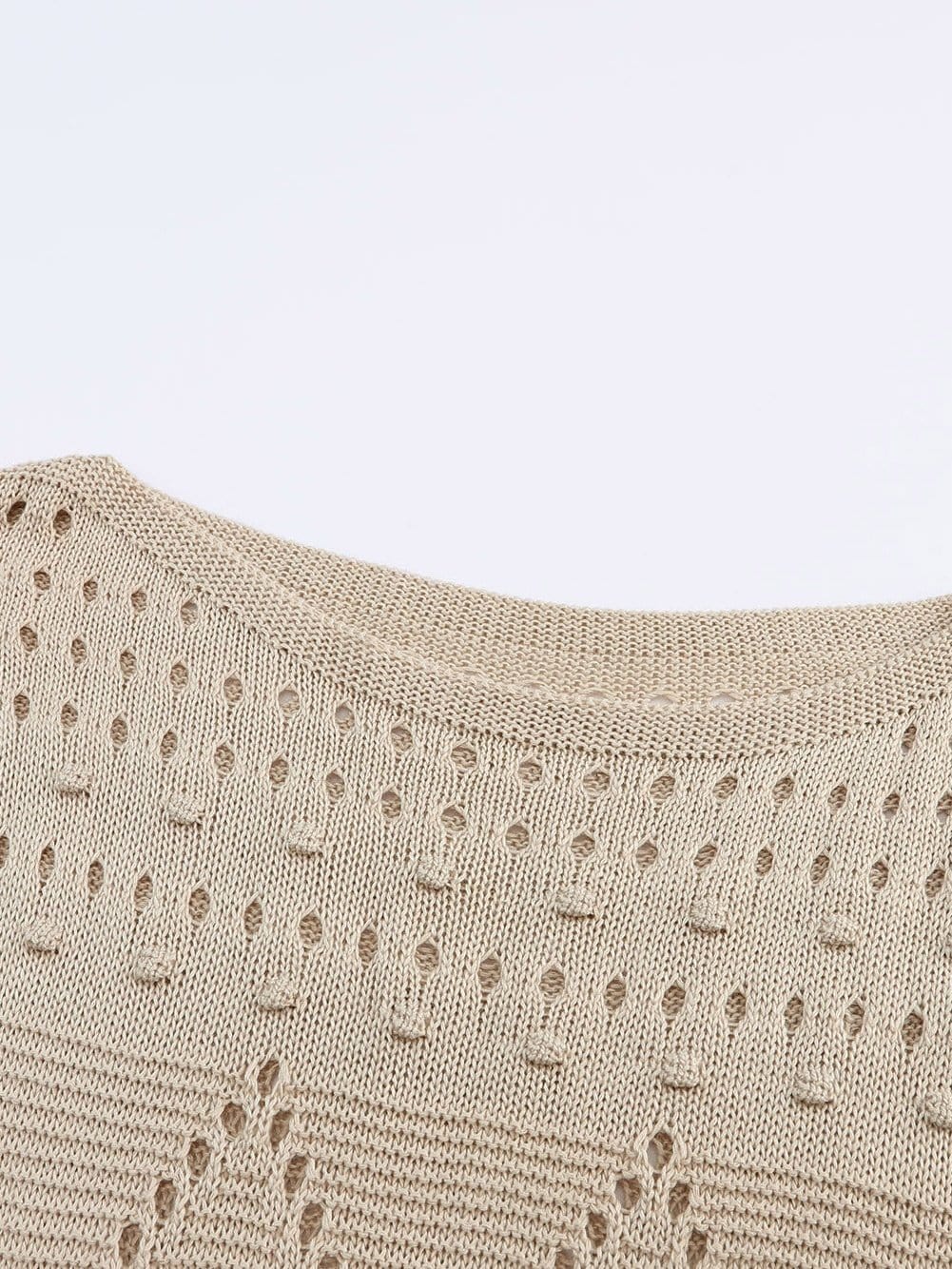 Khaki Pointelle Crochet Short Sleeve Knit Sweater Blouse