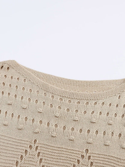 Khaki Pointelle Crochet Short Sleeve Knit Sweater Blouse