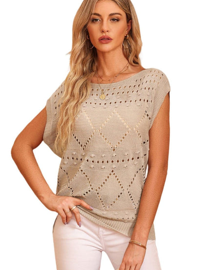 Khaki Pointelle Crochet Short Sleeve Knit Sweater Blouse