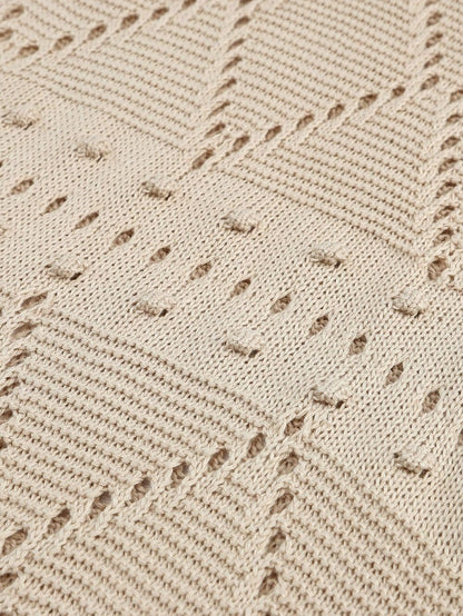 Khaki Pointelle Crochet Short Sleeve Knit Sweater Blouse