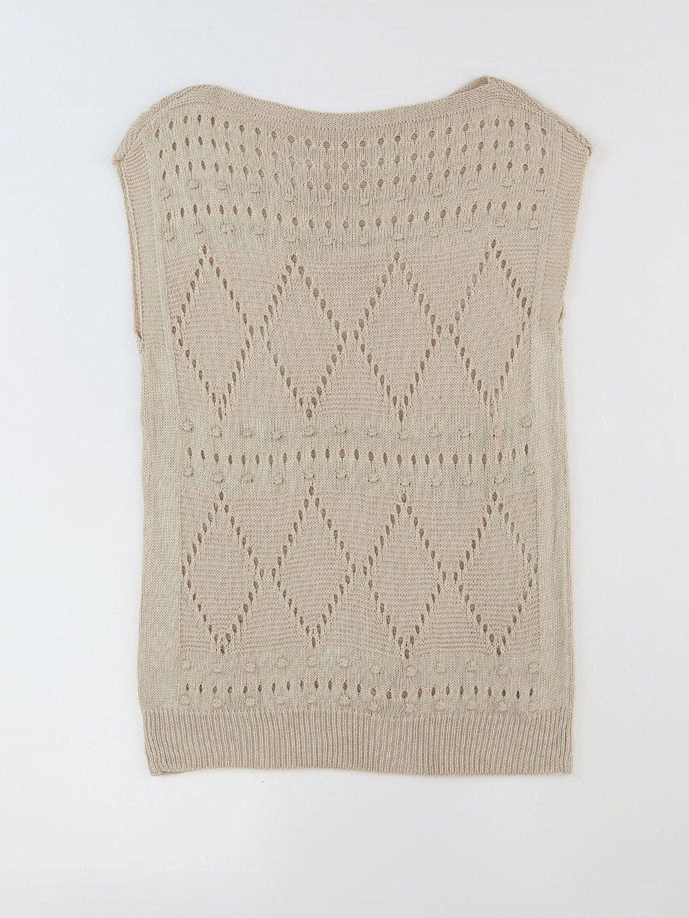 Khaki Pointelle Crochet Short Sleeve Knit Sweater Blouse