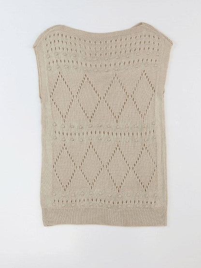 Khaki Pointelle Crochet Short Sleeve Knit Sweater Blouse