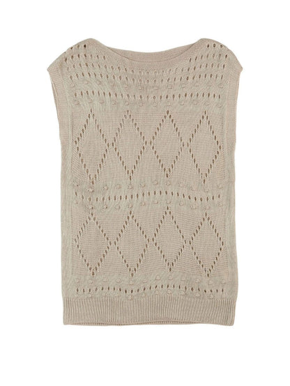 Khaki Pointelle Crochet Short Sleeve Knit Sweater Blouse