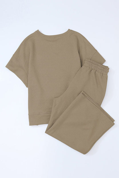 Khaki Ribbed Casual Lounge Set with Loose Fit Top and Drawstring Pants