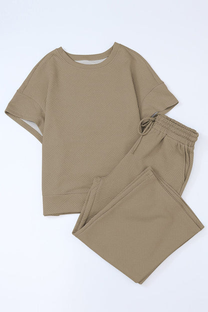 Khaki Ribbed Casual Lounge Set with Loose Fit Top and Drawstring Pants