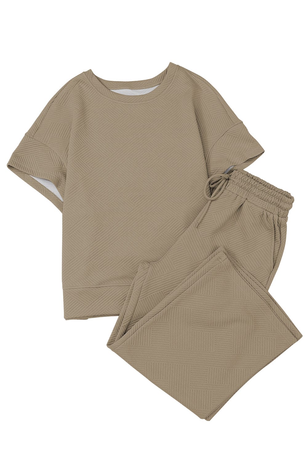 Khaki Ribbed Casual Lounge Set with Loose Fit Top and Drawstring Pants