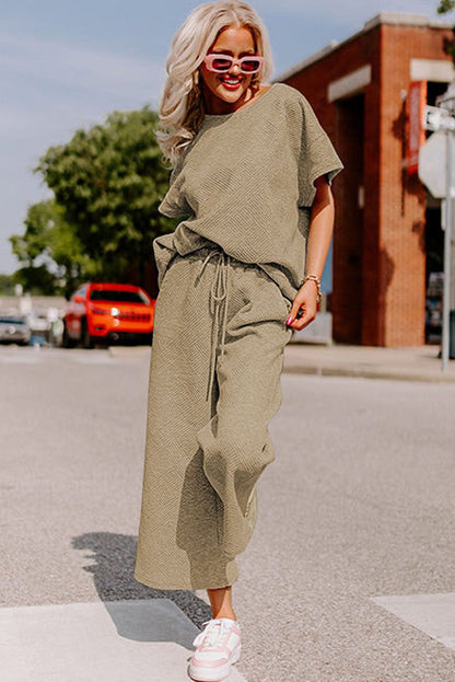 Khaki Ribbed Casual Lounge Set with Loose Fit Top and Drawstring Pants