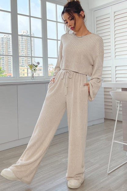 Khaki Ribbed Knit Bell Sleeve Matching Pants Lounge Set