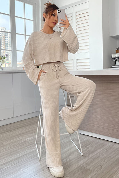 Khaki Ribbed Knit Bell Sleeve Matching Pants Lounge Set