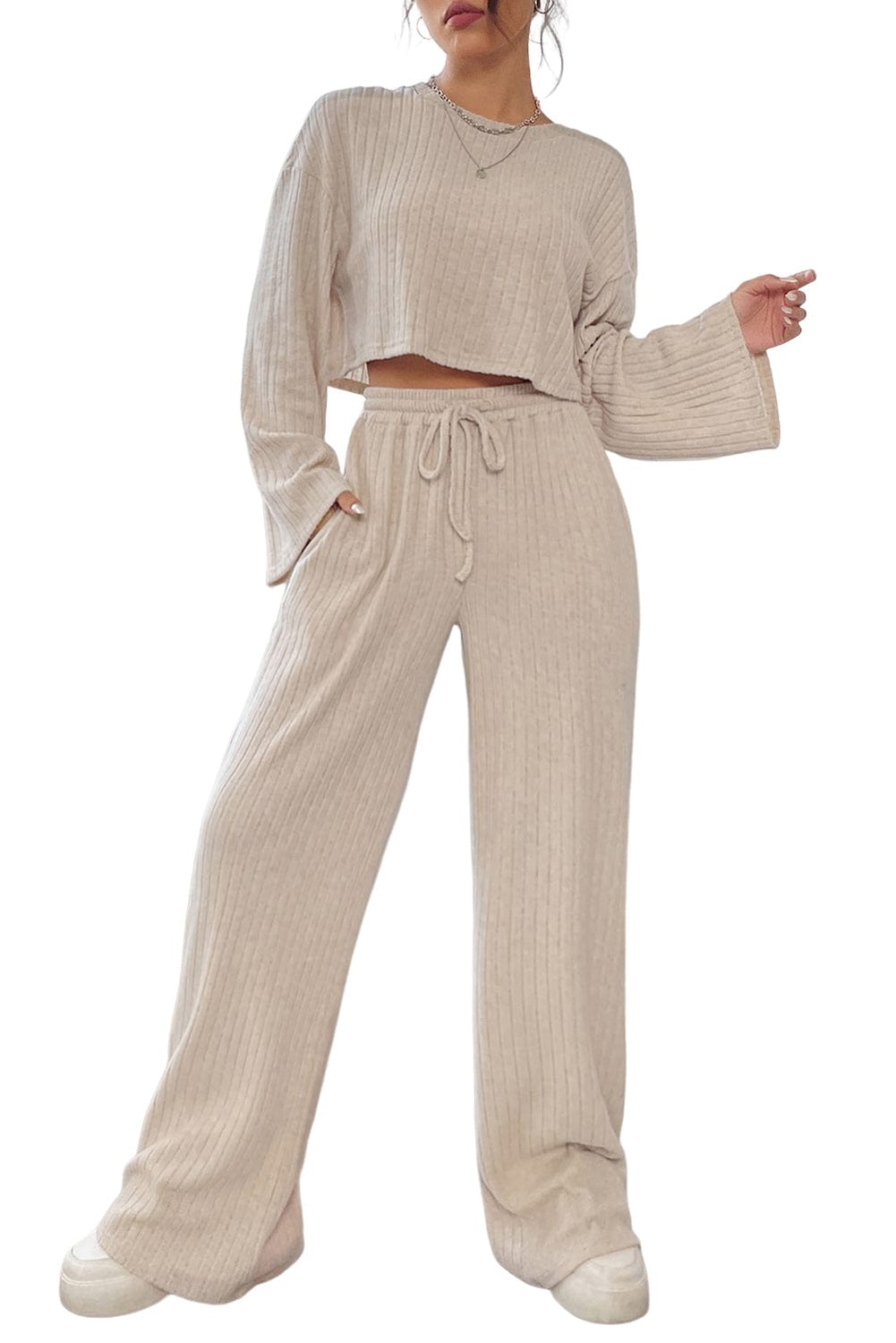Khaki Ribbed Knit Bell Sleeve Matching Pants Lounge Set