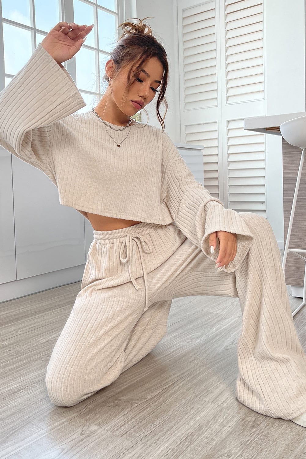 Khaki Ribbed Knit Bell Sleeve Matching Pants Lounge Set