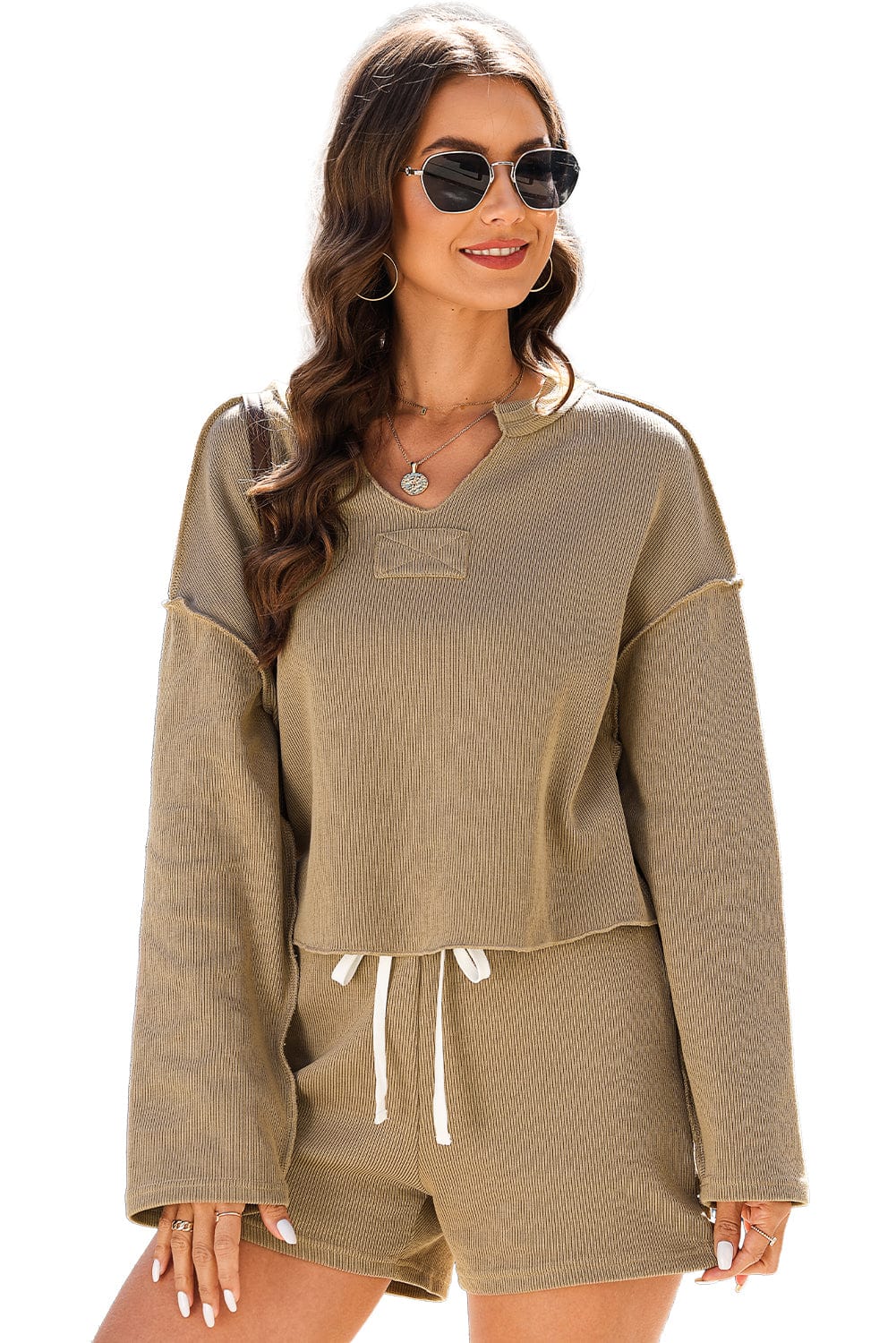 Khaki Ribbed Texture Lounge Set with Exposed Seams