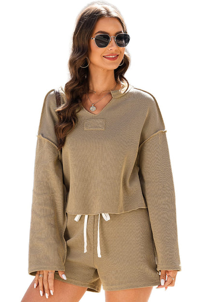 Khaki Ribbed Texture Lounge Set with Exposed Seams