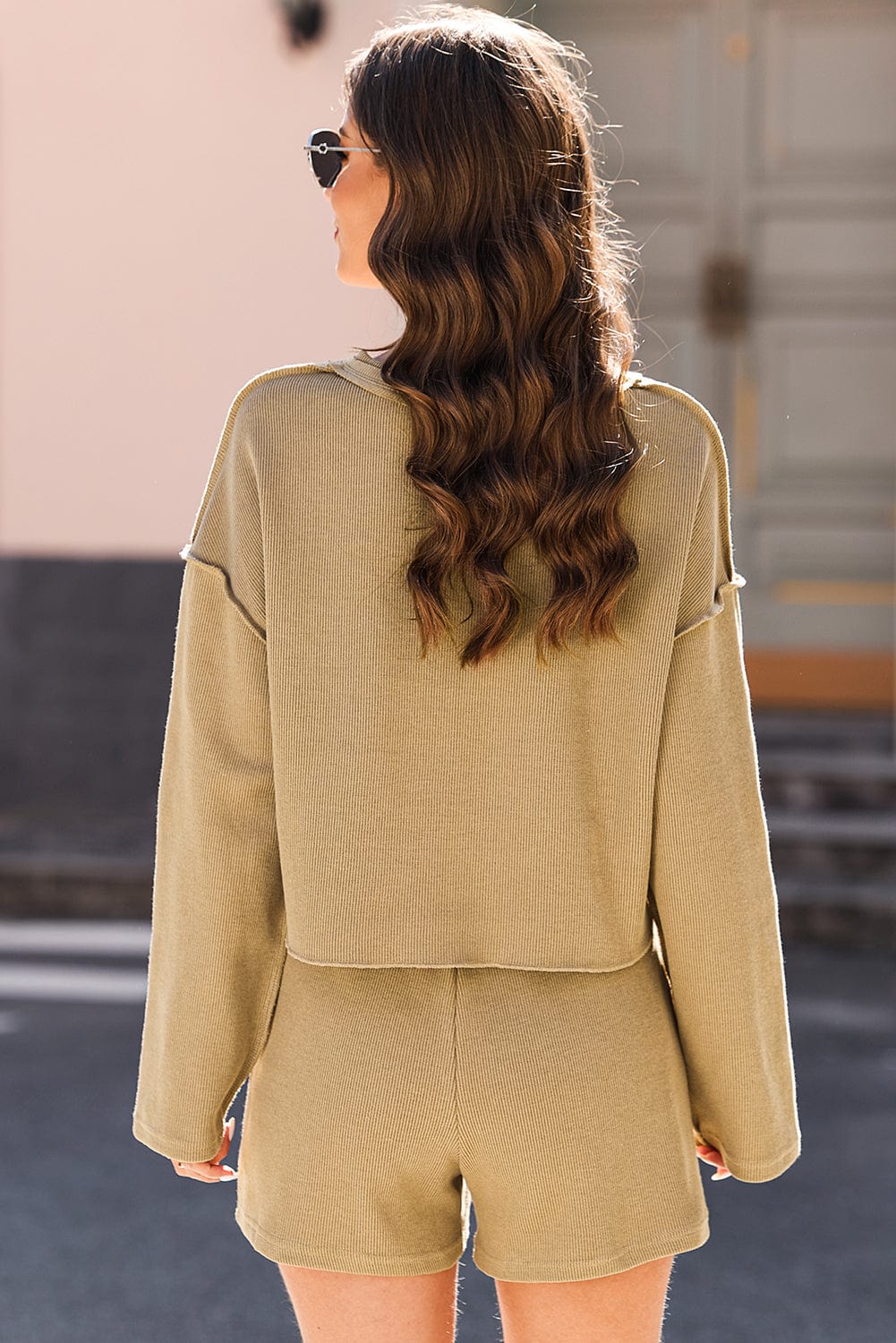 Khaki Ribbed Texture Lounge Set with Exposed Seams