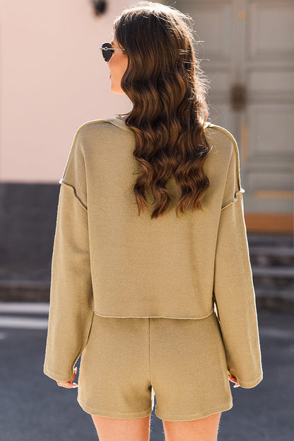 Khaki Ribbed Texture Lounge Set with Exposed Seams