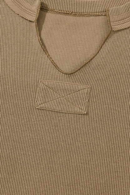 Khaki Ribbed Texture Lounge Set with Exposed Seams