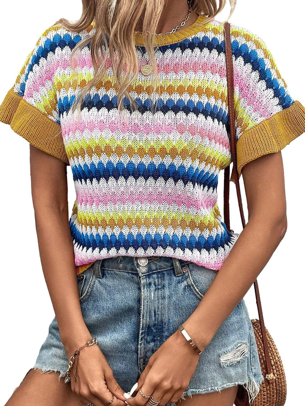 Khaki Ruffle Sleeve Abstract Patterned Sweater