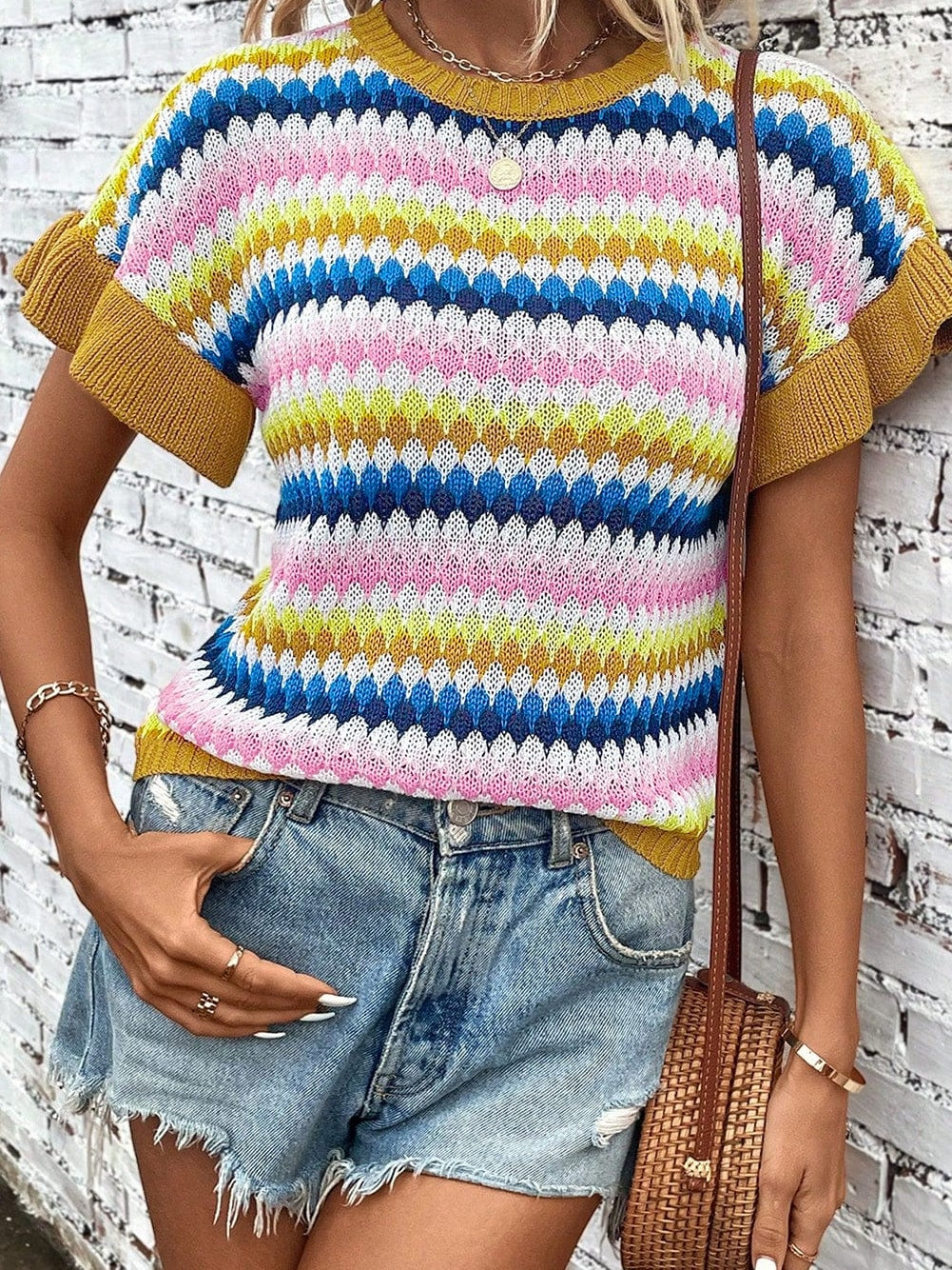 Khaki Ruffle Sleeve Abstract Patterned Sweater