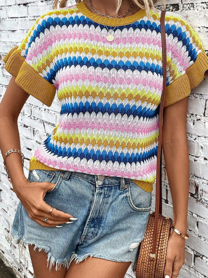 Khaki Ruffle Sleeve Abstract Patterned Sweater