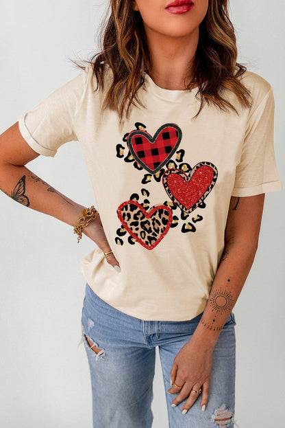 Khaki Sequin Heart Graphic Tee with Leopard Print
