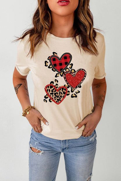 Khaki Sequin Heart Graphic Tee with Leopard Print