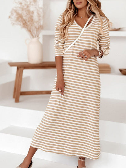 Khaki Sheath Striped V-neck Maxi Dress