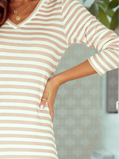 Khaki Sheath Striped V-neck Maxi Dress