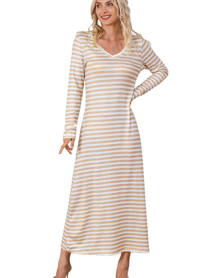 Khaki Sheath Striped V-neck Maxi Dress