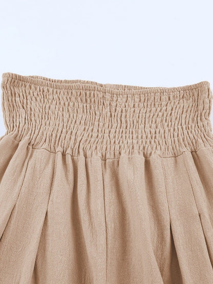 Khaki Shirred High Waist Wide Leg Pants