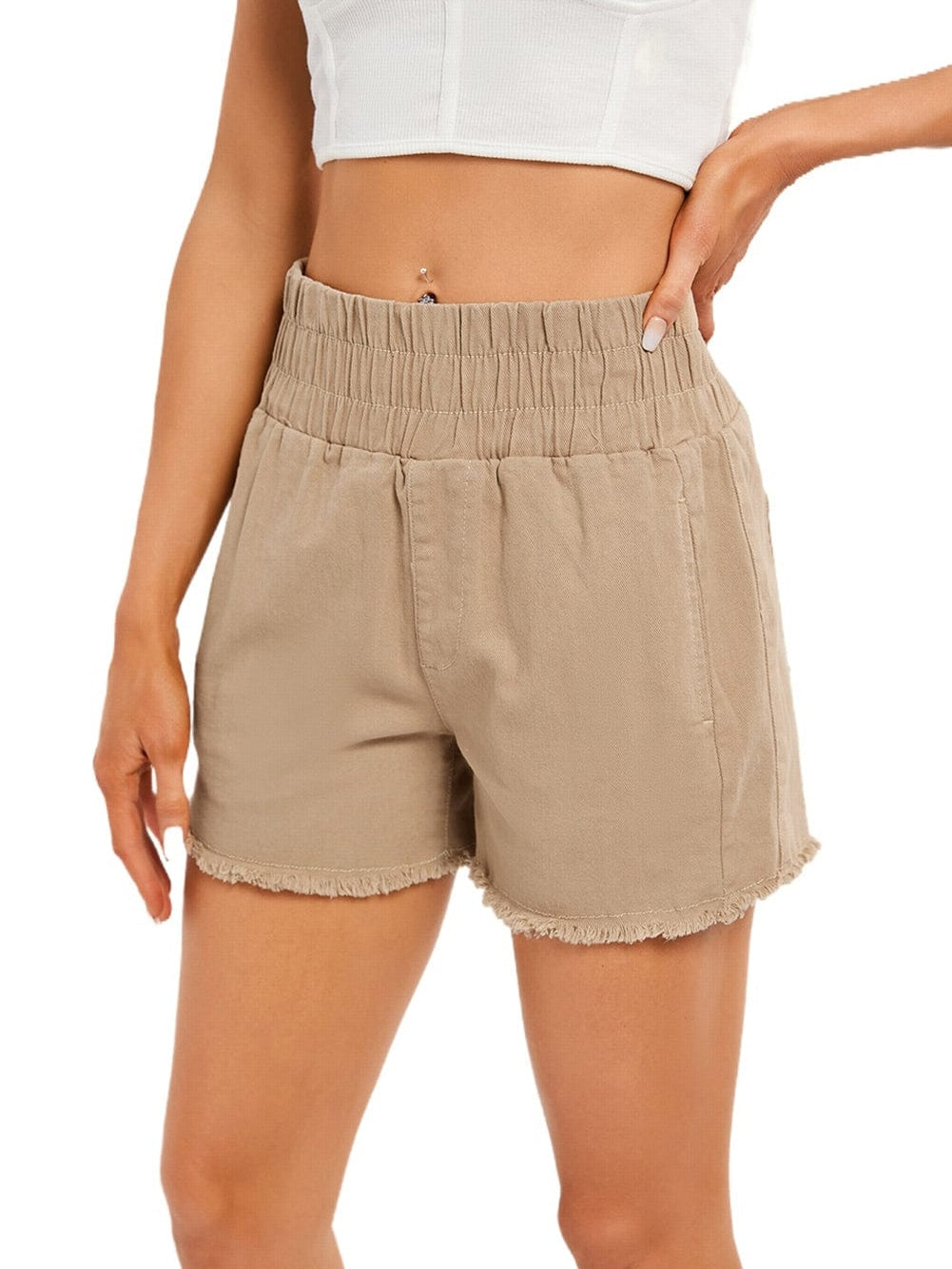 Khaki Smocked Elastic High Waist Casual Shorts