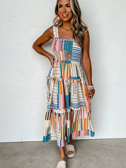 Khaki Smocked Tiered Maxi Dress with Striped Wide Straps