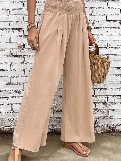 Khaki Smocked Wide Waistband High Waist Wide Leg Pants