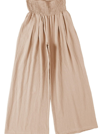 Khaki Smocked Wide Waistband High Waist Wide Leg Pants
